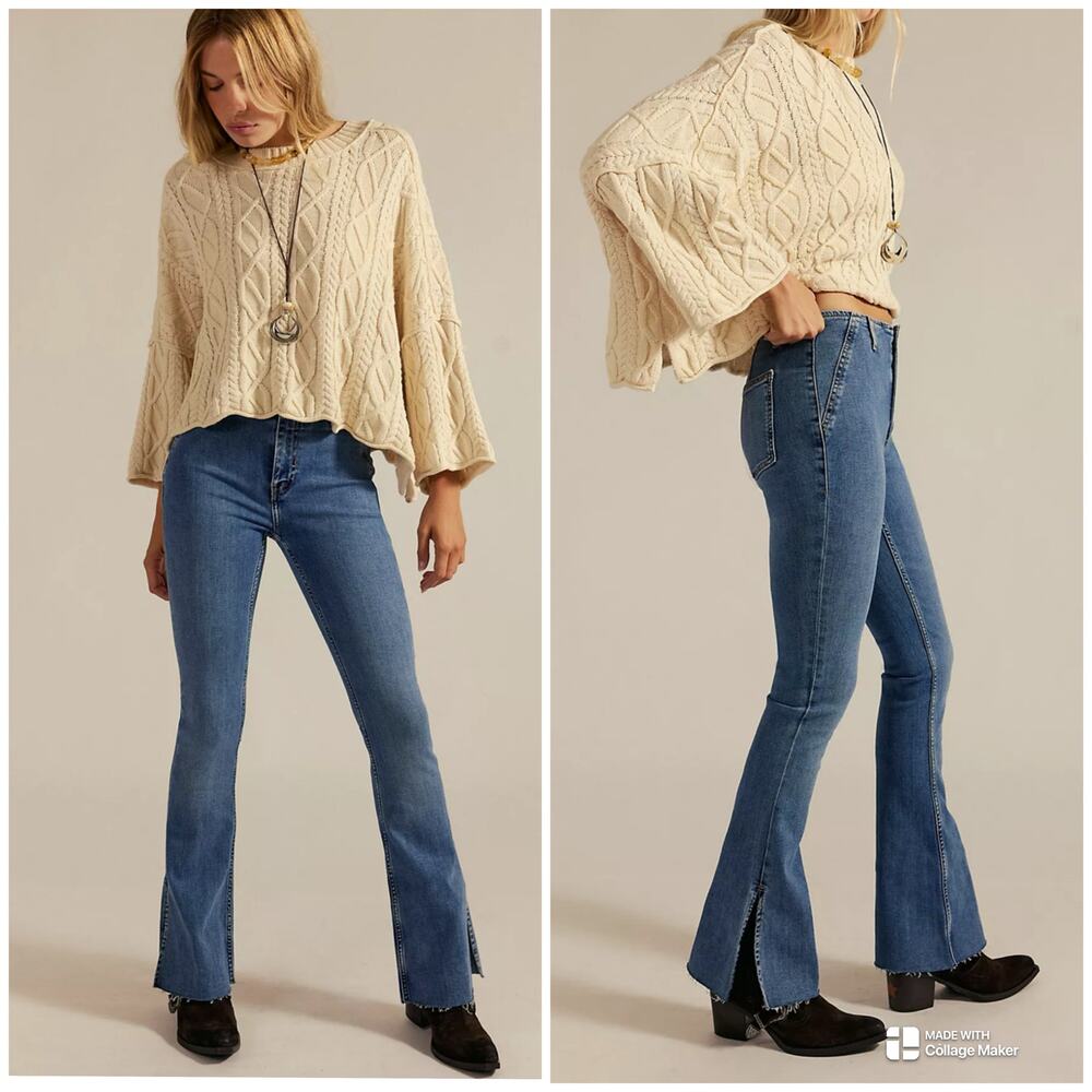 Free People We The Free Level Up Slit Slim Flare Jeans Sunburst Blue Size 27 EUC